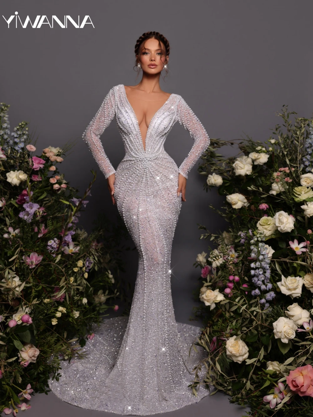 

Sexy Deep V-neck Backless Wedding Dress Glitter Hand-sewn Pearls Bride Robe Exquisite Mermaid Long Bridal Gown Robe De Mariée