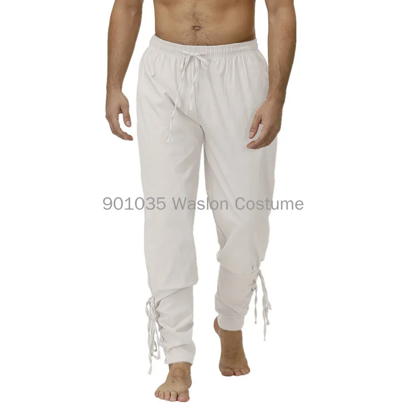 Adult Men Medieval Renaissance Lounge Pirate Horseman Costume Loose Pants Black Brown Navigator Leg Bandage Trouser