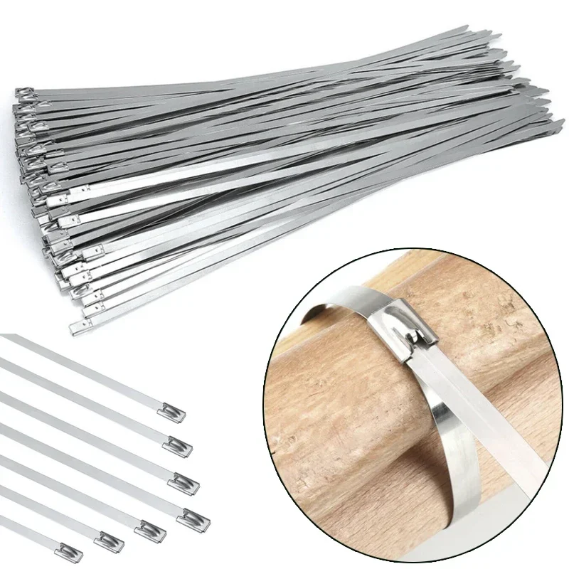 100Pcs 304 Stainless Steel Metal Cable Ties Exhaust Wrap Coated Locking Metal Zip-Exhaust Multifunctional Locking Cable Ties