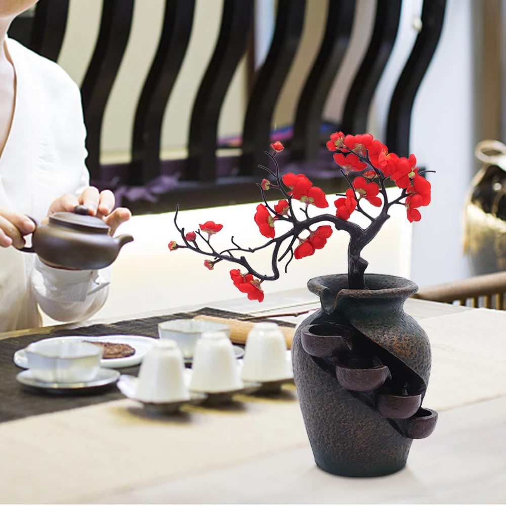 16 بوصة شجرة بونساي صغيرة مزهرية اصطناعية المناظر الطبيعية لمكتب المكتب ، فنغ شوي ديكور المنزل زخرفة المياه المتدفقة لتدفئة المنزل