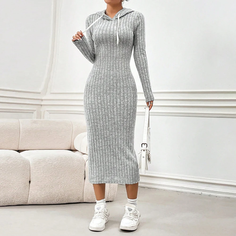 Women Elegant Bodycon Knit Dress Autumn Winter Hooded Turtleneck Temperament Slim Long Sleeve Solid Ribbed Long Dress Streetwear