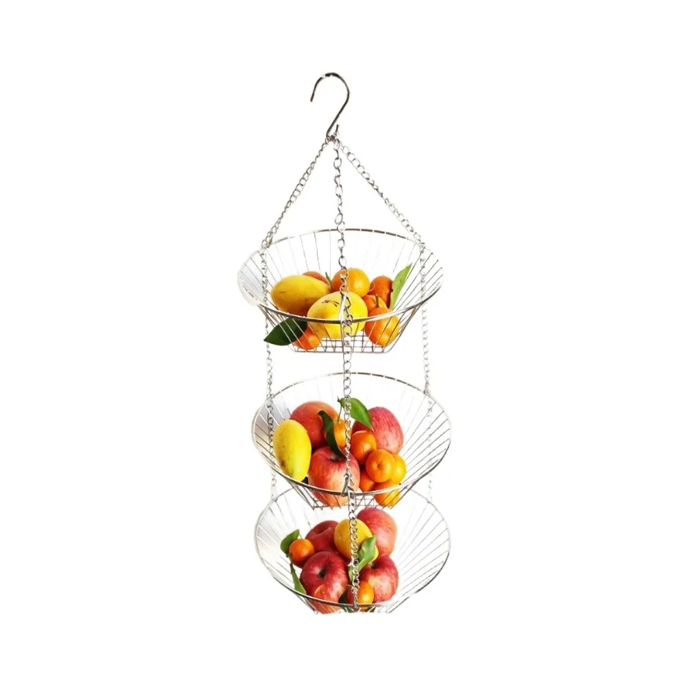 3 Tier Chrome Fruit Basket for Hanging Multi Level Storage Rack Adjustable Height Iron Wire 11 x 11 x 32 Inches