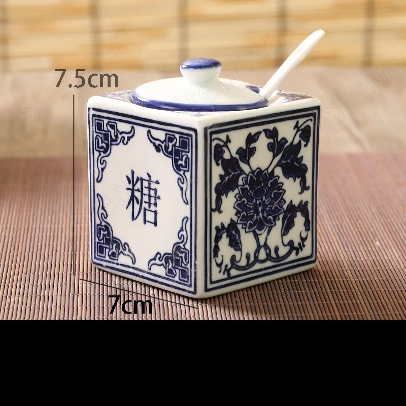 Blue and White Ceramic Canister Set Kitchen Chinese Vintage Spice Jars Salt Sugar Monosodium Glutamate Vinegar Chili Soy Bottle