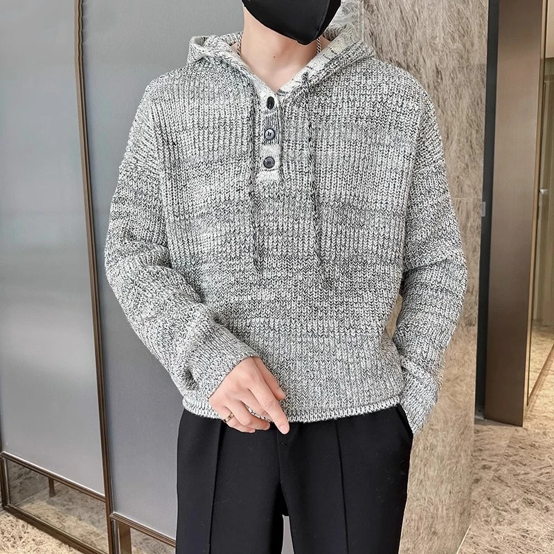 2023 Autumn Winter Hooded Knitted Sweater Men Loose Casual Pullovers Long Sleeve Social Streetwear Knitwear Tops Men Clothing