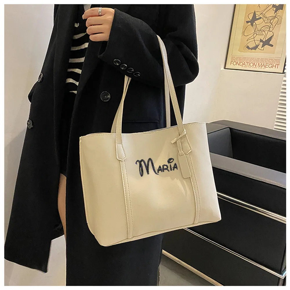 Embroidered New Commuter Texture Large Capacity Tote Bag, Personalized Solid Color Diagonal Straddle Bag Single Shoulder Bag