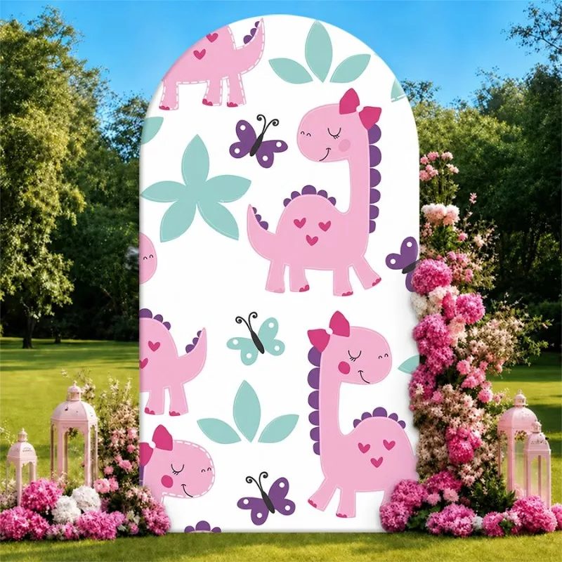 

Single Side Arch Backdrop Cover Pink Dinosaur Floral Arch Backdrop for Party Decor with Purple Butterflies and Green Leaves