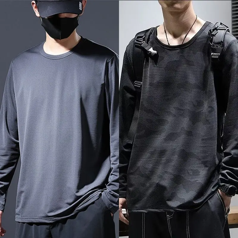 Quick Drying Ice Silk Long Sleeved T-shirt Men\'s Loose Round Neck T-shirt Summer Thin Sportswear Handsome All-match Male Top