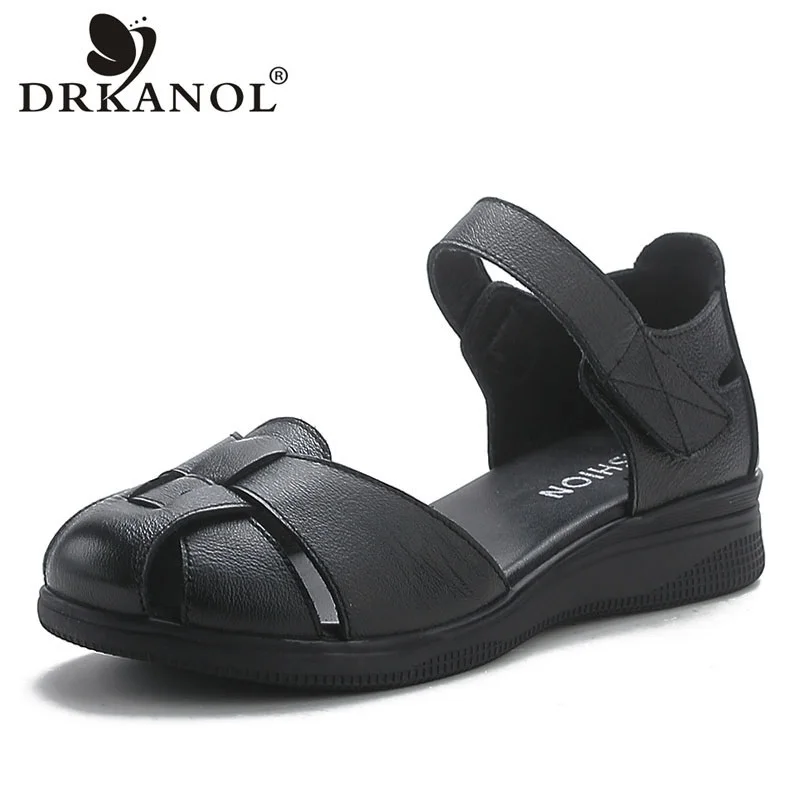 DRKANOL Women Sandals 2024 Summer Shoes Fashion Genuine Leather Soft Sole Flat Comfort Hook And Loop Mother Casual Sandals Lady