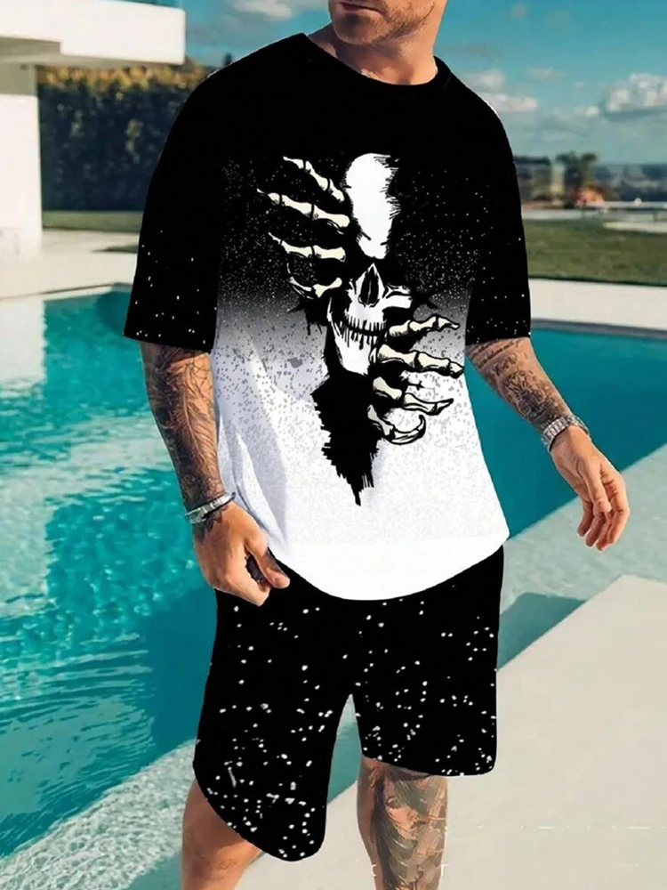 Personality Trend Skull Print Men's 2-piece Set Summer Comfortable Loose Fashion Men's Short-sleeved T-shirt Set Shorts Set