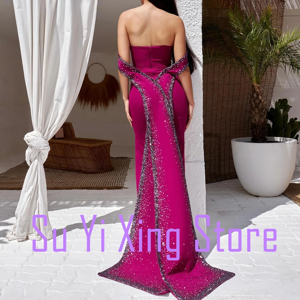 Zipper Back Sequined Crystal Chapel Train Straight Front Slit Formal Evening Dresses Floor Length Strapless Jersey Short Sleeves