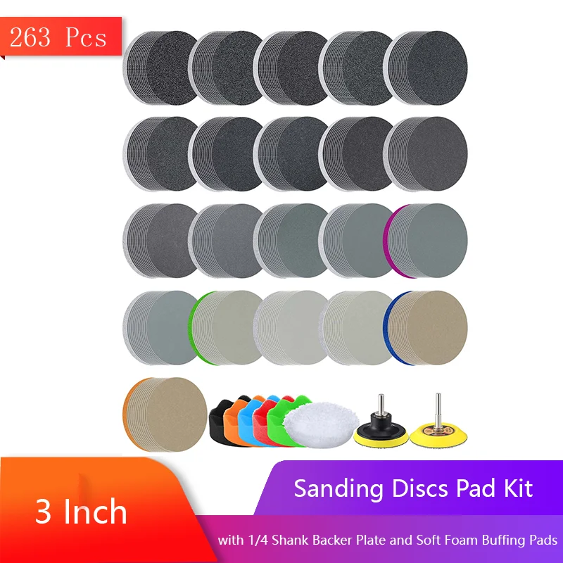 

3 Inch Sanding Discs Pad Kit Assorted 60-10000 Grit Wet Dry Sandpaper with 1/4 Shank Backer Plate and Soft Foam Buffing Pads