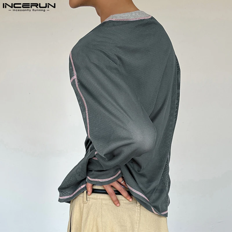 INCERUN Men T Shirt Patchwork Hollow Out Mesh O-neck Long Sleeve Men Clothing Loose Sexy See Through Streetwear Fashion Tee Tops