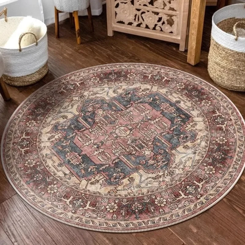 Vintage Bohemian Round Rug for Living Room Bedroom Hallway – Non-Slip Easy-Clean Home Decor Accent