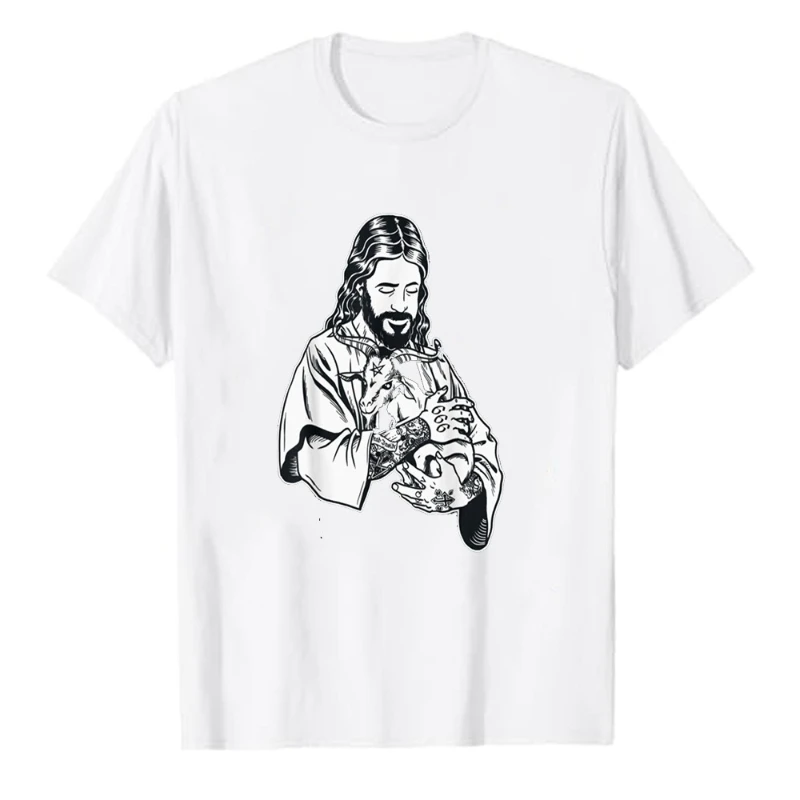 Creative Jesus Holding Goat Baphomet Occult Satanic Tattooed Man Printed T-shirt Tops Cool Hipster Street Fashion Short-sleev