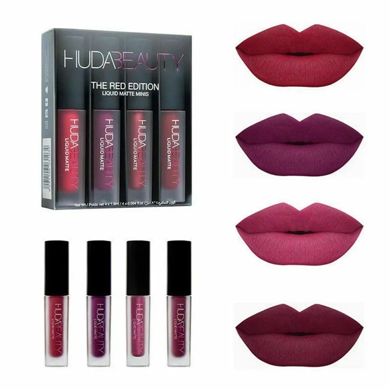 12pcs Huda Beauty Matte Lip Gloss Kit Waterproof Lip Glaze Tint Non-stick Non-Fading Lipstick Lip Makeup Cosmetic Lip Care