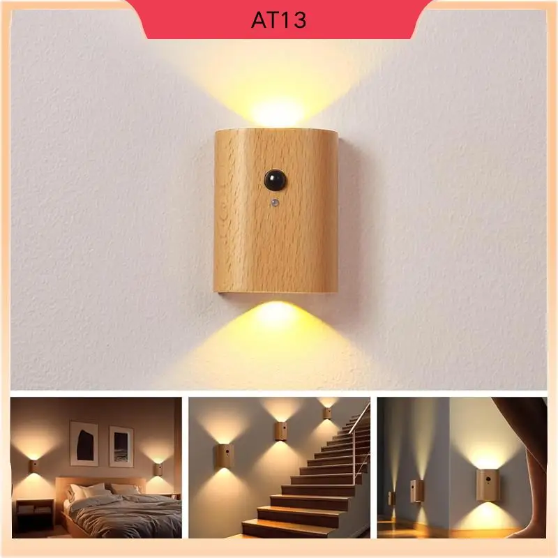 

AT13 Wooden LED Wall Lamp Human Body Sensing Infrared Night Light Motion Sensor Night Lights Rechargeable Sconces Wall Light B