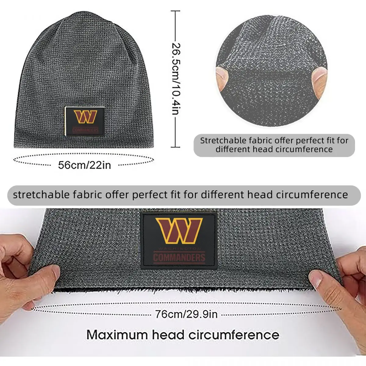 Washington Commanders Retro Waffle Knit Fleece Lined Beanie with PU Leather Patch Unisex Warm Winter Soft Cap