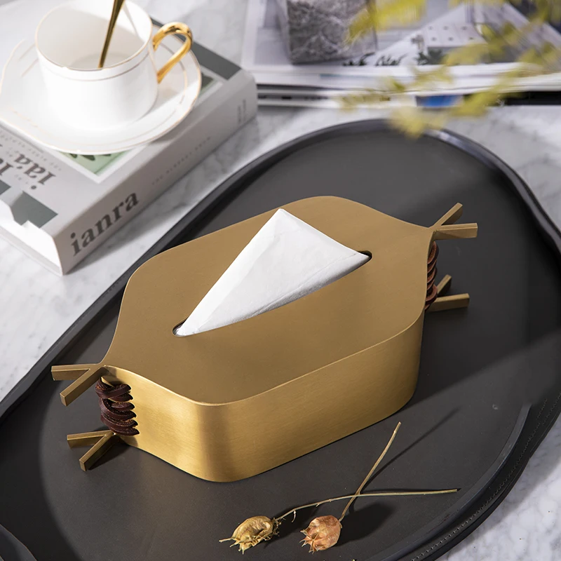 

Modern table topping, light luxury brass leather tissue box, high-end home soft decoration with tissue box set