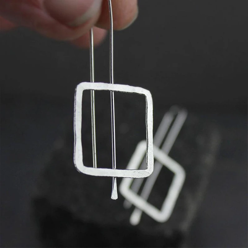 1Pair Retro Ethnic Style Square Drop Earrings Trend Simple Design Silver Color Long Hook Earrings for Women Party Jewelry Gifts