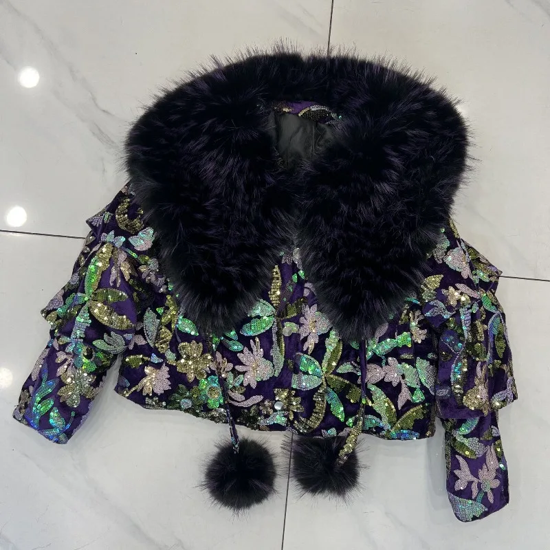 ファッション大型ファー襟キルティング厚手暖かいコート レディース スタイリッシュなスパンコールフェイクファー トップス 冬新作 ショート丈シングルブレストコート