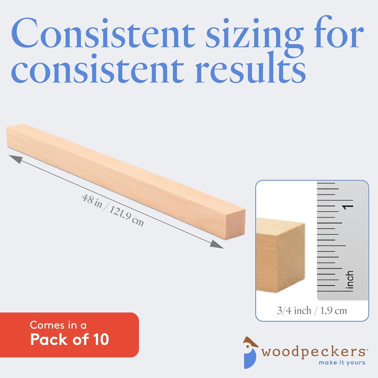 Barras de Madeira Quadradas de 3/4 de Polegada, Comprimento de 48 Polegadas, Pacote com 10 para Artesanato e Projetos DIY