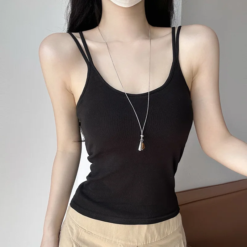 Women U Neck Backless Tank Top with Chest Pad Cotton Slim Fit Figure Print Sweet Fresh Summer Camisole Vest