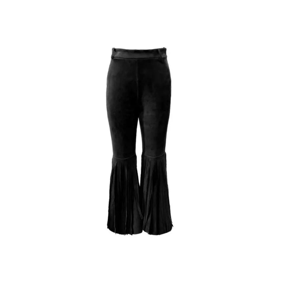 

Solid Color Suede Tassel Pants Fringe Hem Splicing Design Retro High Waist Trousers Streetwear Boho Style Slim Fit Flare Pants