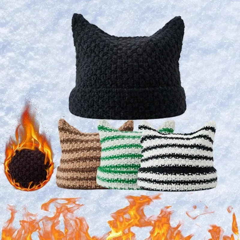 1-5pcs Japanese Style Cute Cat Ear Striped Knit Hat for Women Warm Cozy Soft Pointed Versatile for Couples Winter Cold Weather