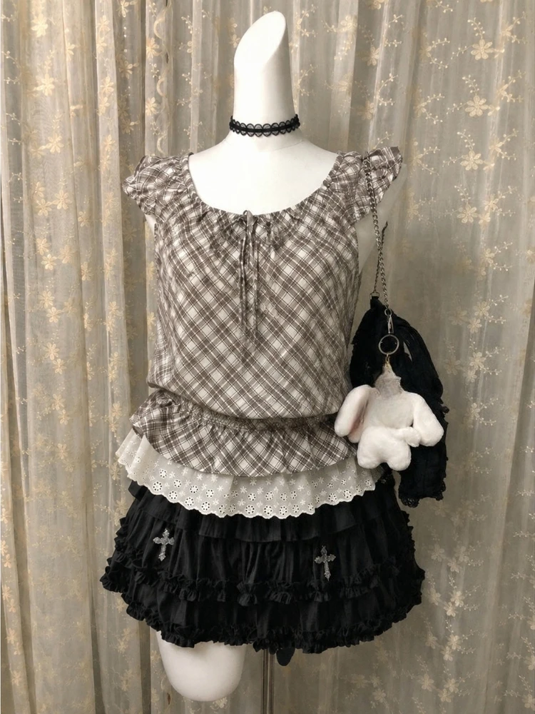 American Vintage 2 Piece Suit Women Retro Plaid Short Sleeve Blouse Pleated Skirt Harajuku Y2K Daily Korean Fahsion Sets Outfits