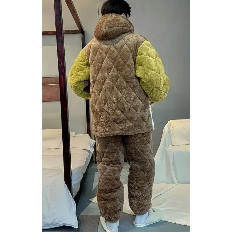 Pyjama d'Hiver en Velours à Capuche pour Homme, Vêtement de Maison Rembourré, Trois Couches, en Coton, Épais, Trempé