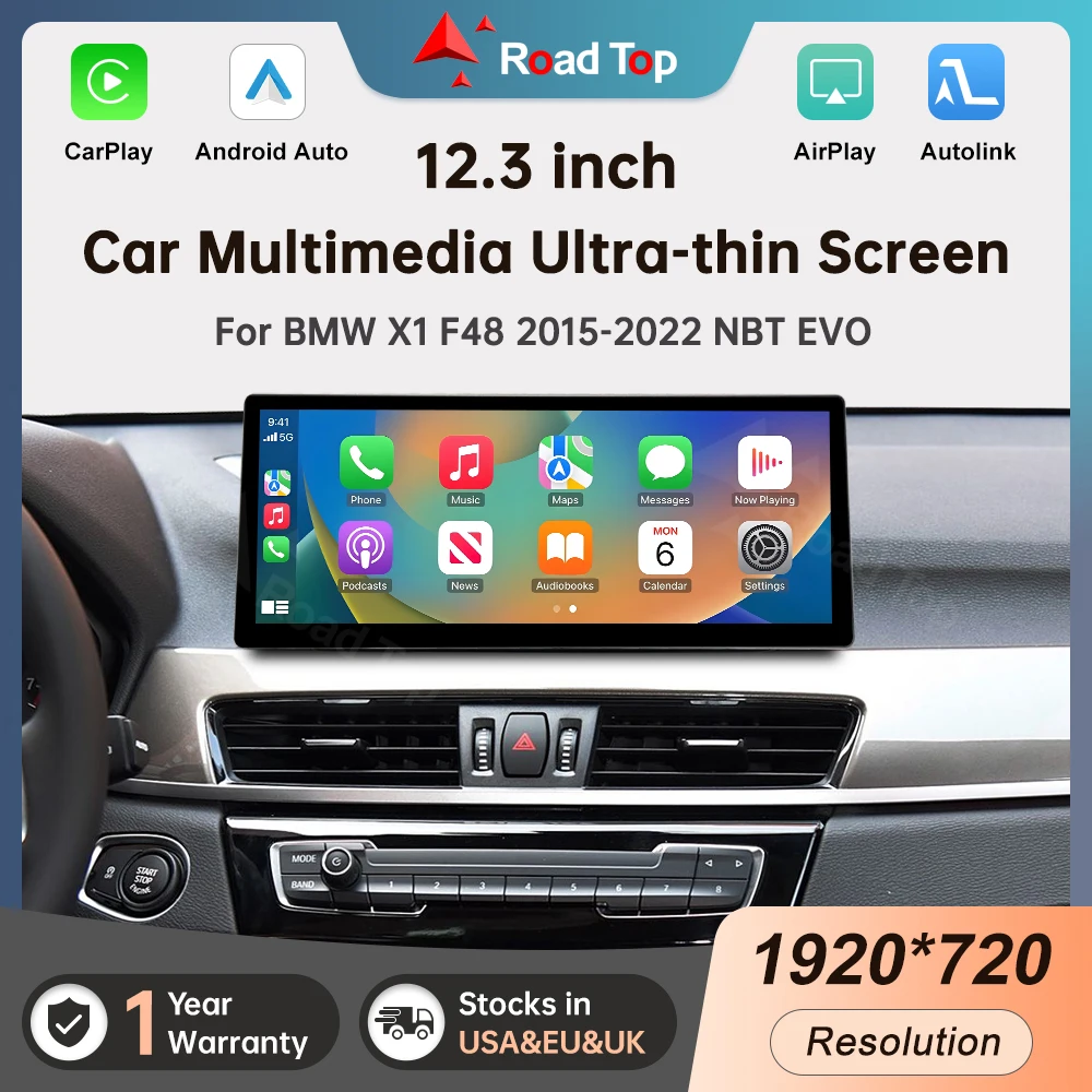 Écran tactile multimédia pour voiture RoadTop 12,3'' pour BMW X1 F48 2015-2022 NBT EVO, unité centrale avec Carplay sans fil, Android Auto et Mirrorlink