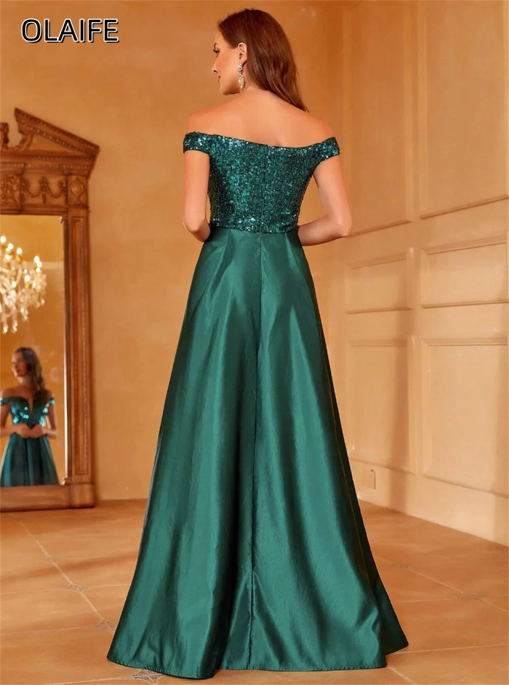 Olaife Off-shoulder Sequined Prom Dresses Satin A-line Evening Dresses Sexy Side Slit Elegant Lady Formal Party Dress