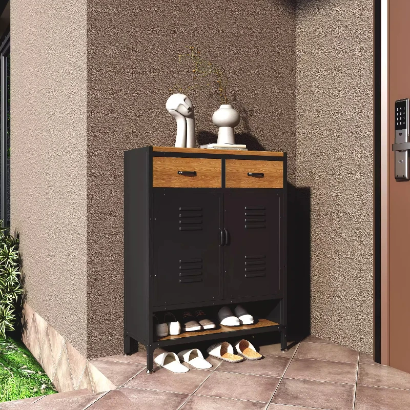 

Punk style iron leather door shoe cabinet multi-layer solid wood industrial style door shoe cabinet at home door