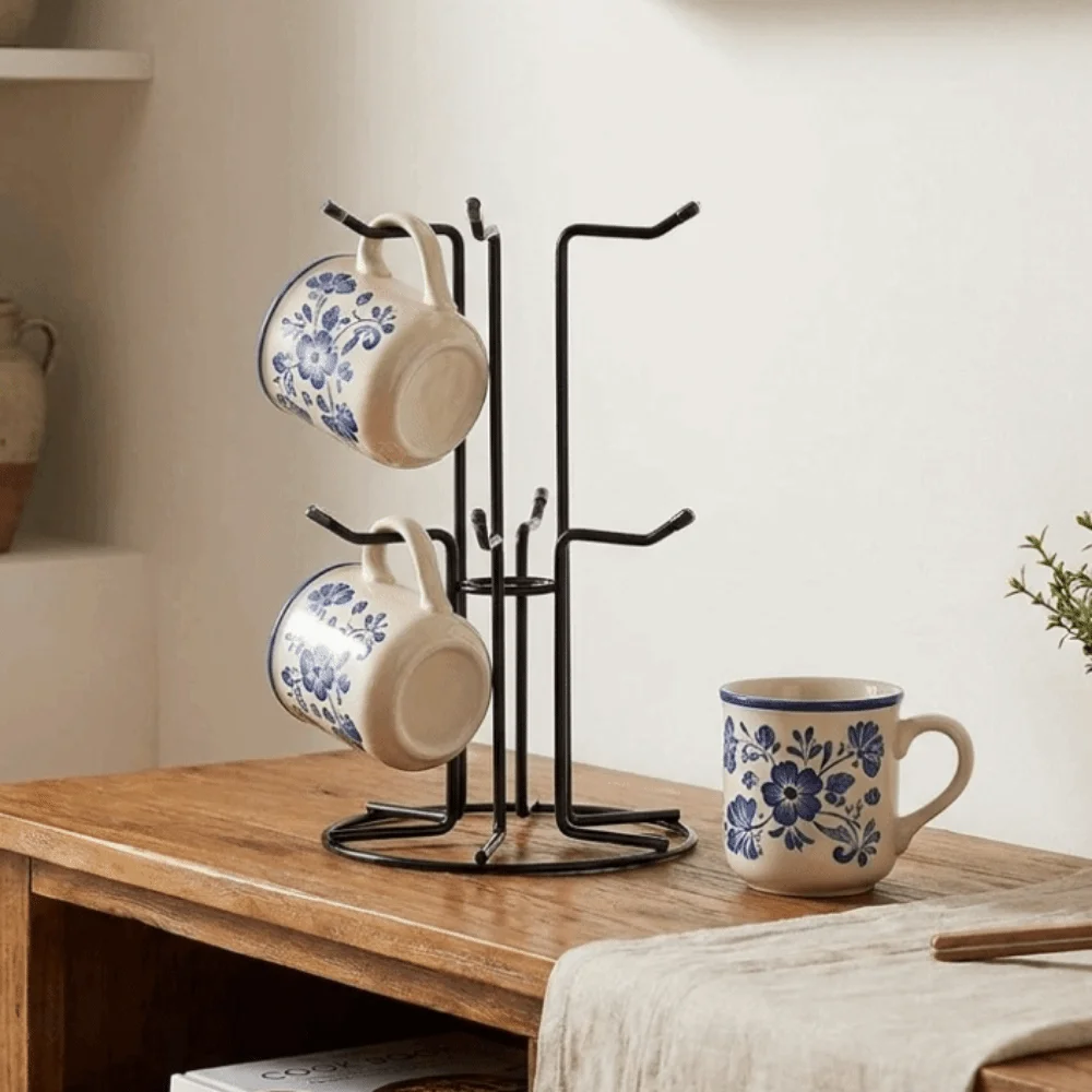 Large Capacity Iron Cup Tree Rack Space Saving Decorative Mug Hanging Display Rack with 6 Hooks Cup Hanger Cafe Restaurant