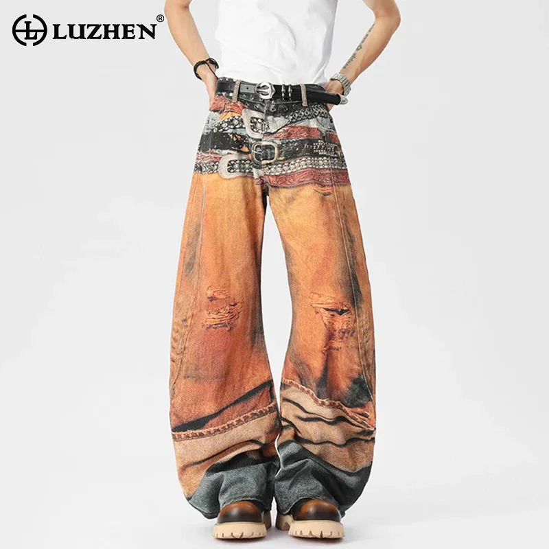 LUZHEN Original Personalized Pattern Printed Loose Casual Jeans Men's 2025 New Streetwear Wide Leg Straight Denim Pants JY3071