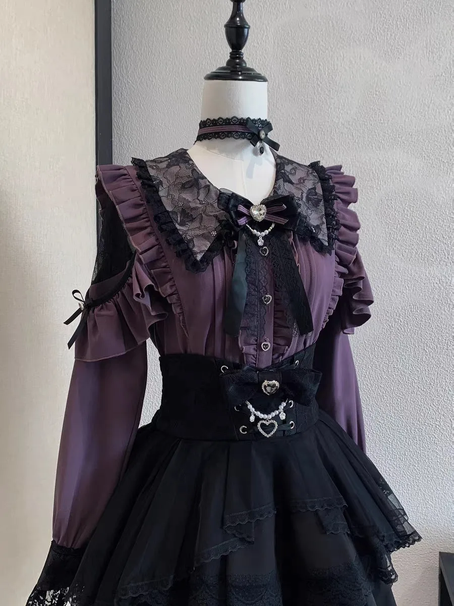 2026 Japanese Lolita Style Lace Short Sleeve Shirt Women Sweet Cute Slim Casual Trendy Fashion Daily Tops Elegant Blouse