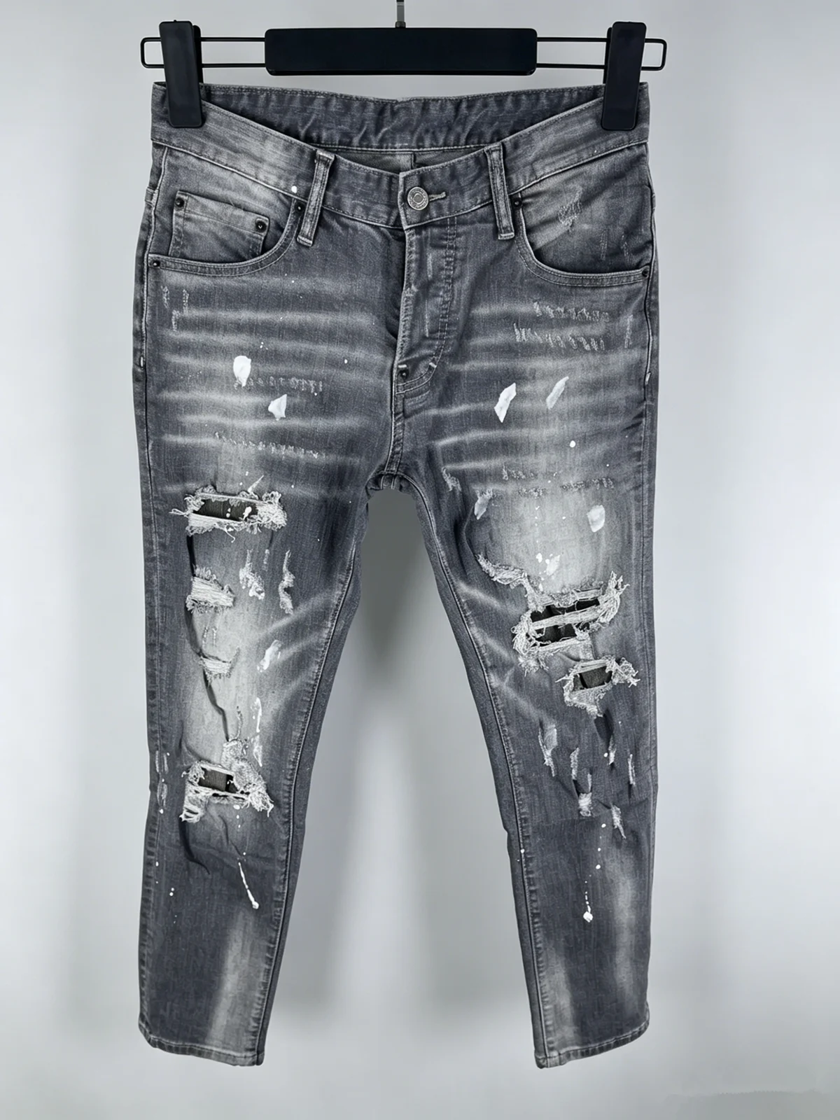 

6058 Four Seasons New Men's Wear Washed Patch Paint Three-dimensional Cut Leg Grey Jeans for Men