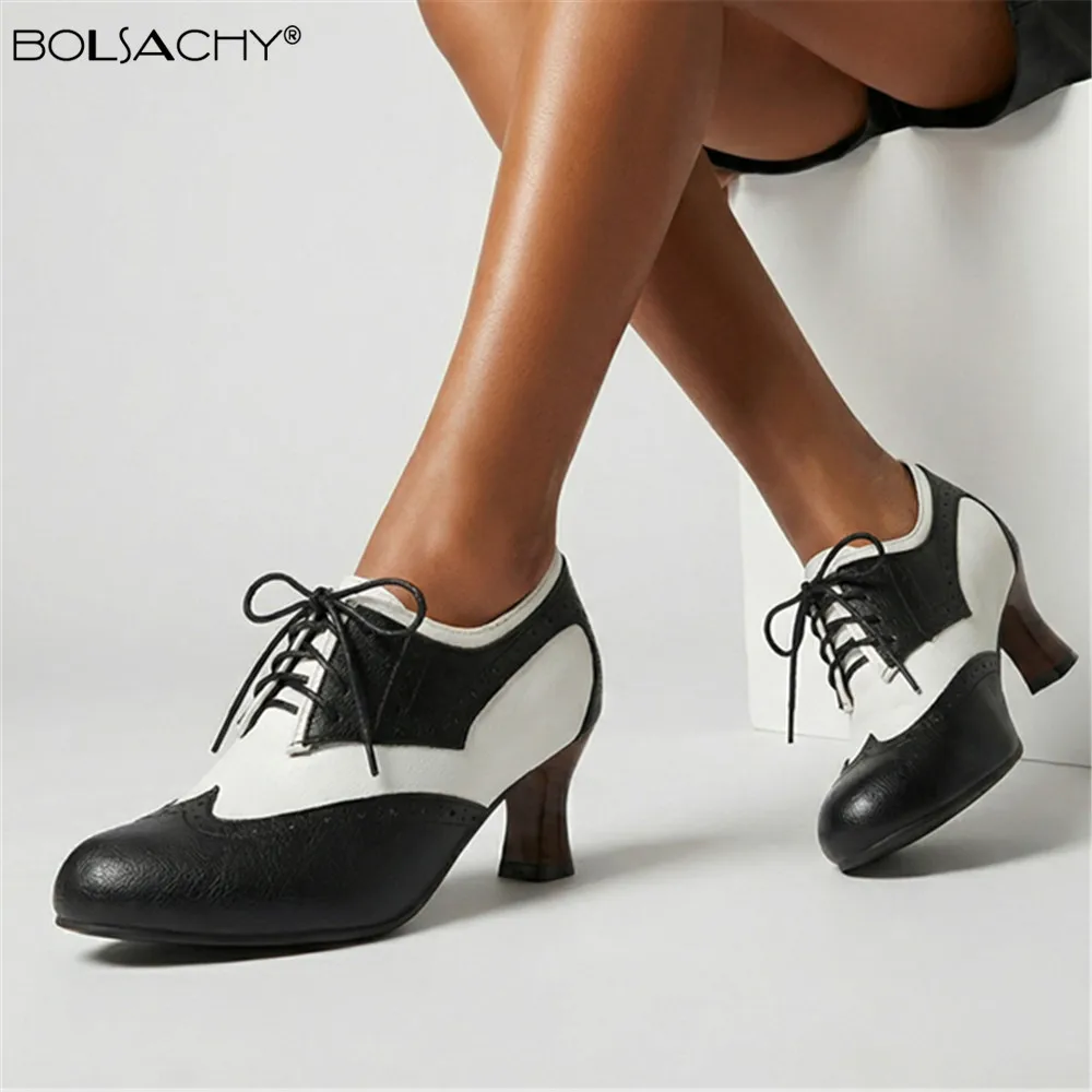 Ladies High Heel Boots Lace-up Cut Out Breathable Low Top Shoes Round Toe Pumps Retro Oxford Mujer Zapatos Size 32-50
