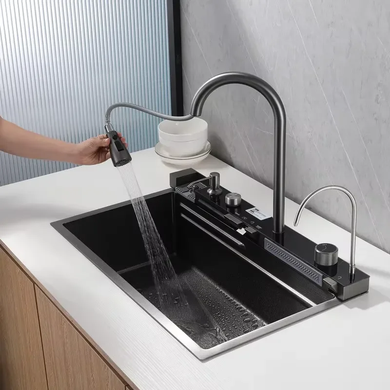 2024 New Smart Single Basin Digital Kitchen Sink 304 Stainless Steel with Piano Keys Waterfall Faucet and Glass Washer