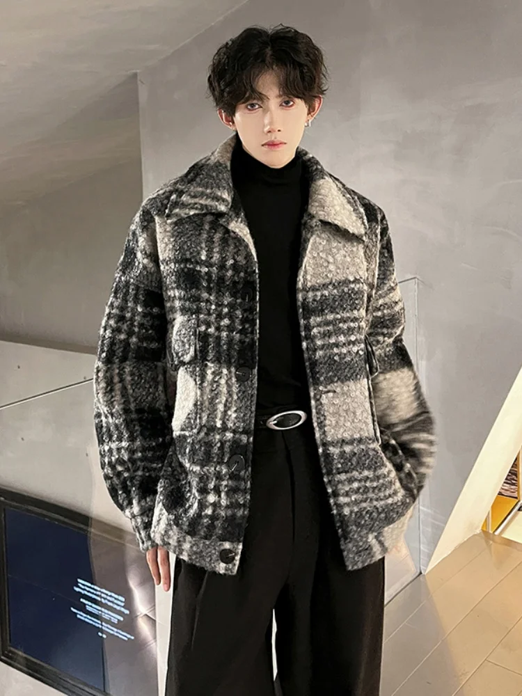 

Мужская шерстяная куртка в клетку в стиле преппи, осенне-зимняя, модная, с отложным воротником, класса люкс, ветрозащитная, утепленная