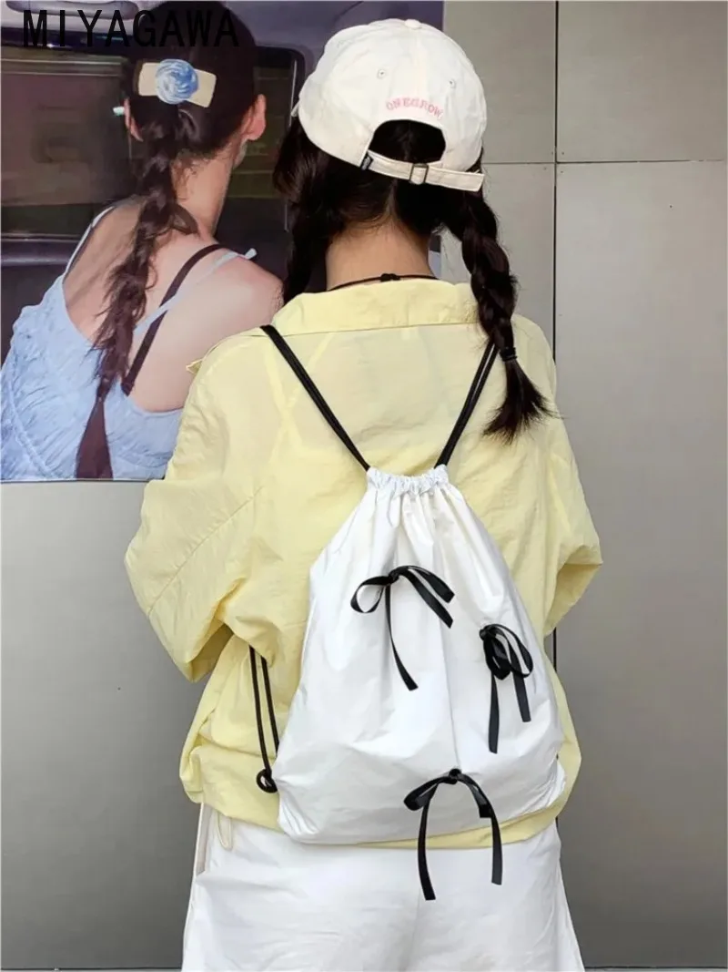 Bow Tie Drawstring Mochila Portable Nylon Mochilas Mujer 2024 New Casual Backpack Student Bolsa Korean Fashion Bags for Women