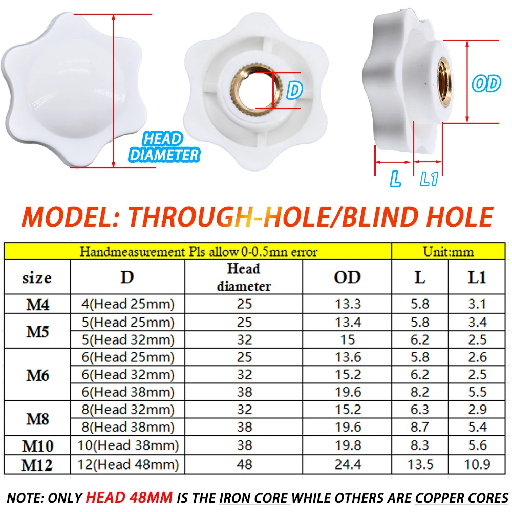 M4 M5 M6 M8 M10 M12 White Plum Hand Tighten Torx Thumb Knob Nuts Star Mechanical Fasten Manual Tighten Star Six-Lobe Nut