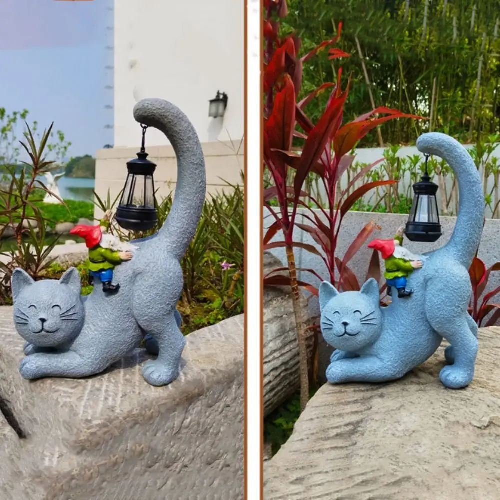 Resin Cat Elf Solar Ornament Creative Cute Animal Statue Light Vivid Waterproof Garden Figurines Sculptures Lamp Balcony
