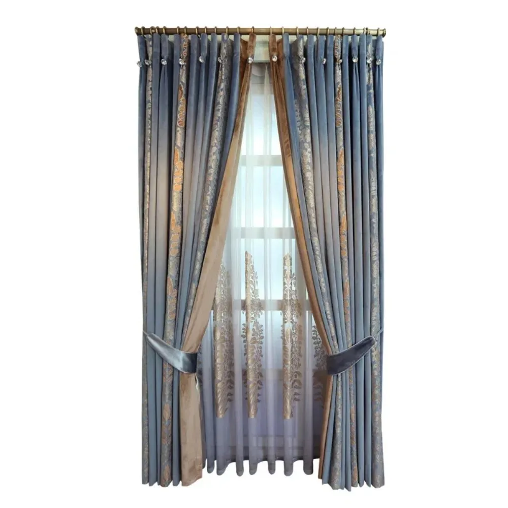 Luxury  Velvet Embroidered Curtains for Living Room Bedroom Blackout Blue Splicing French American Design Sense Custom