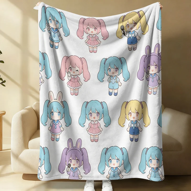Hatsune Miku Multi-Outfit Chibi Flannel Throw Blanket Bedroom Decor Cute Anime Nap Blanket Air Conditioner Throw Sofa Throw Cove