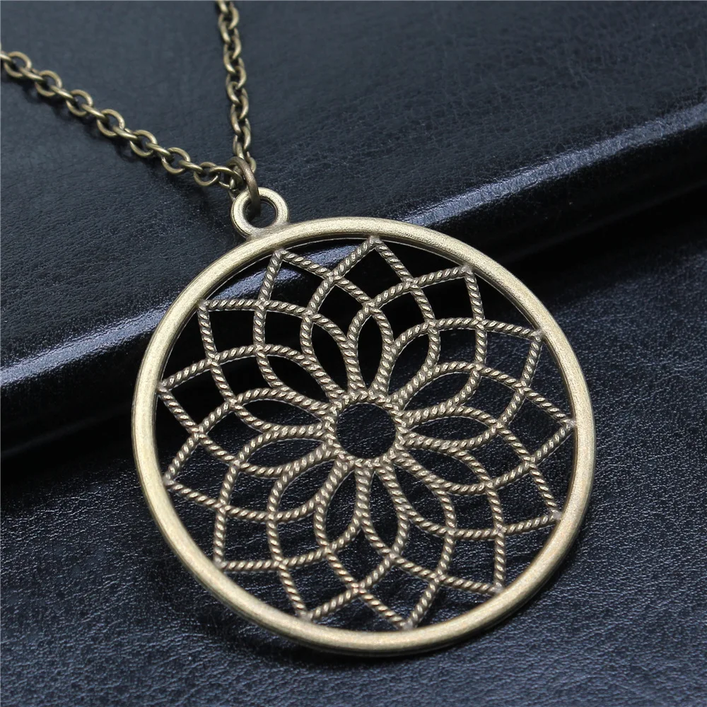 Vintage Antique Bronze Color 49x49mm Round Flower Of Life Pendant Necklace For Women Men Long Chain Trendy Jewelry Accessories