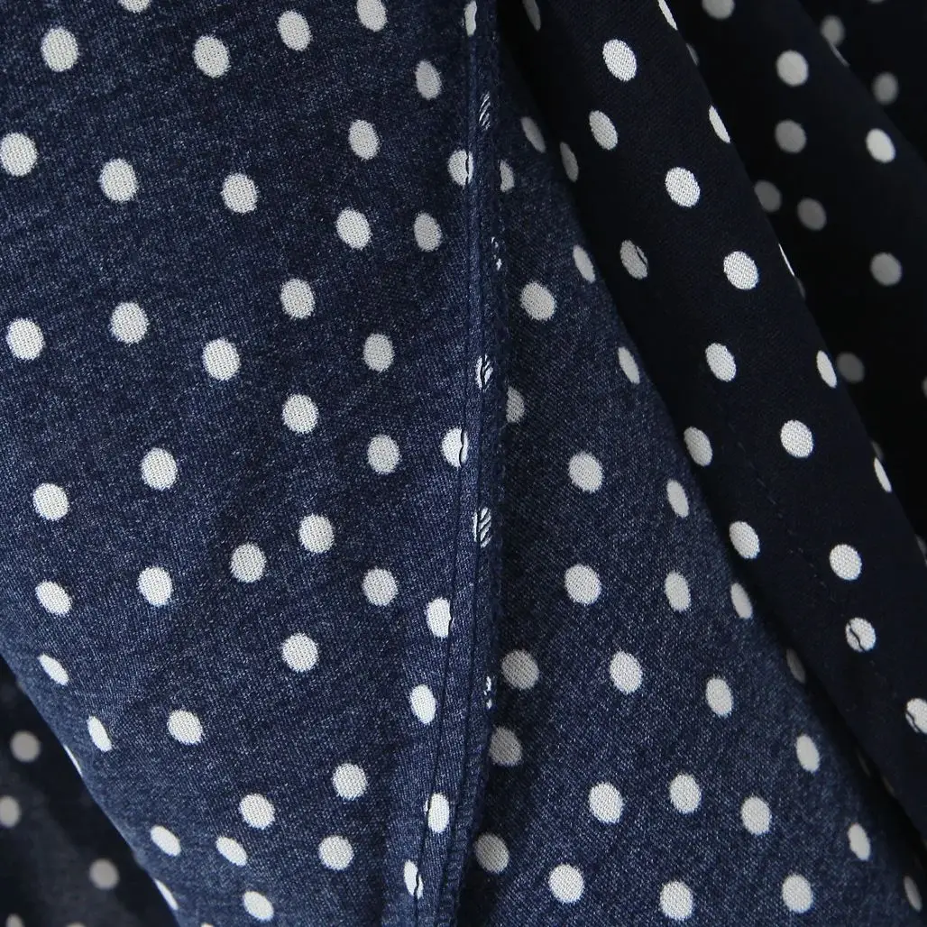 2025 Retro French Style Navy Blue Polka Dot Print Spliced Lace V neck Women Midi Dress Puff Sleeve Sashes Tea Dresses Robe Femme