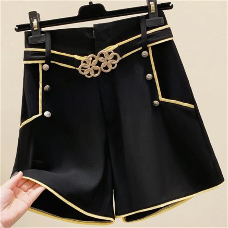 

Black high waist button A-line shorts women's summer dress loose retro wide leg casual pants