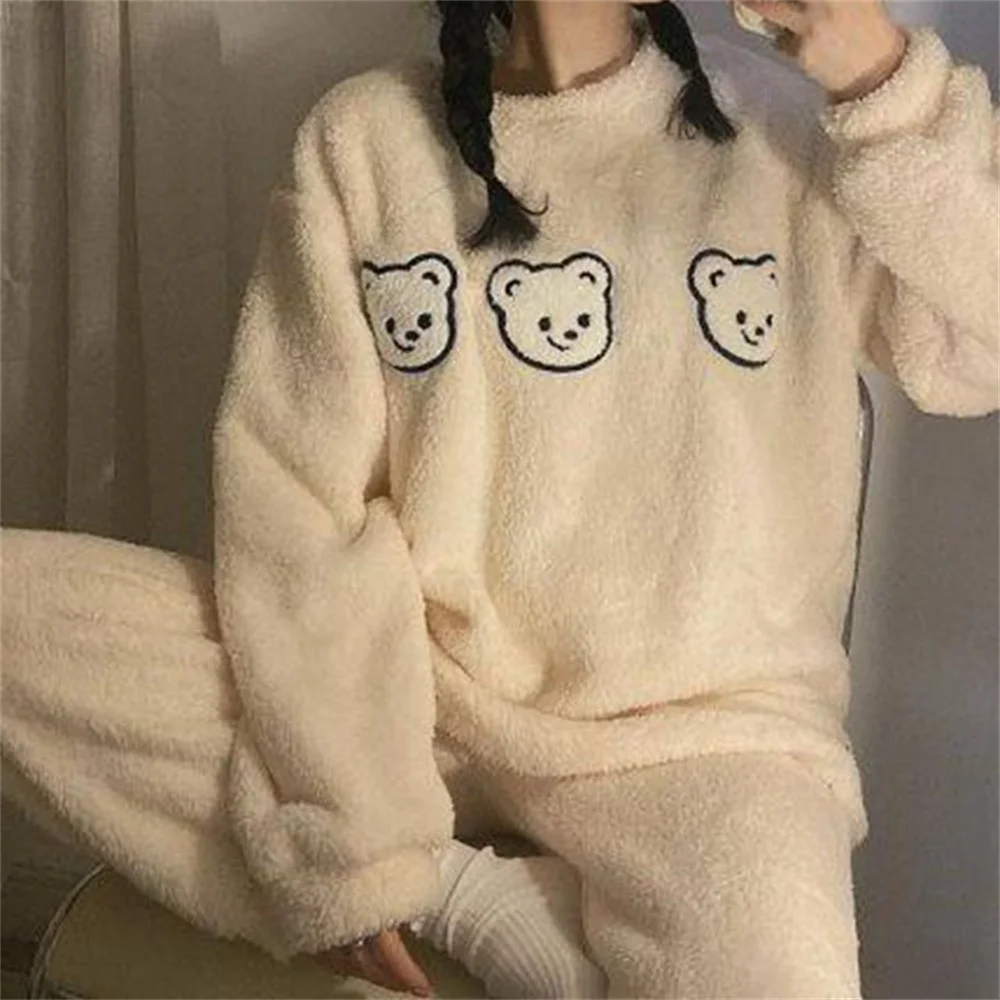 Autumn Winter Pijamas Kawaii Pajama Sets Women Cartoon Sweet Bear Flannel Sleepwear Girl Pijama Mujer Night Suits Homewear 2023