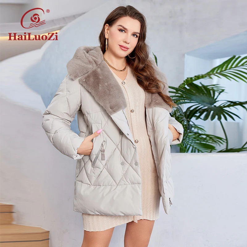 HaiLuoZi-Chaqueta de invierno con capucha para mujer, abrigo corto de talla grande con piel, diseño acolchado elegante, con bolsillos grandes, 2023